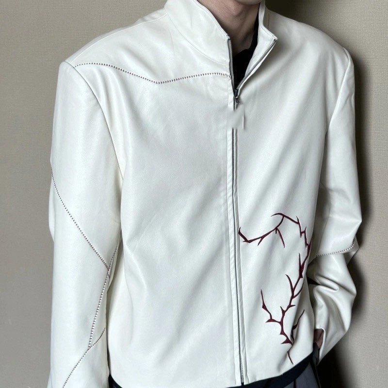 Men's Embroidered Faux Leather Shoulder Pad Jacket