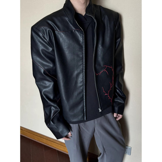 Men's Embroidered Faux Leather Shoulder Pad Jacket