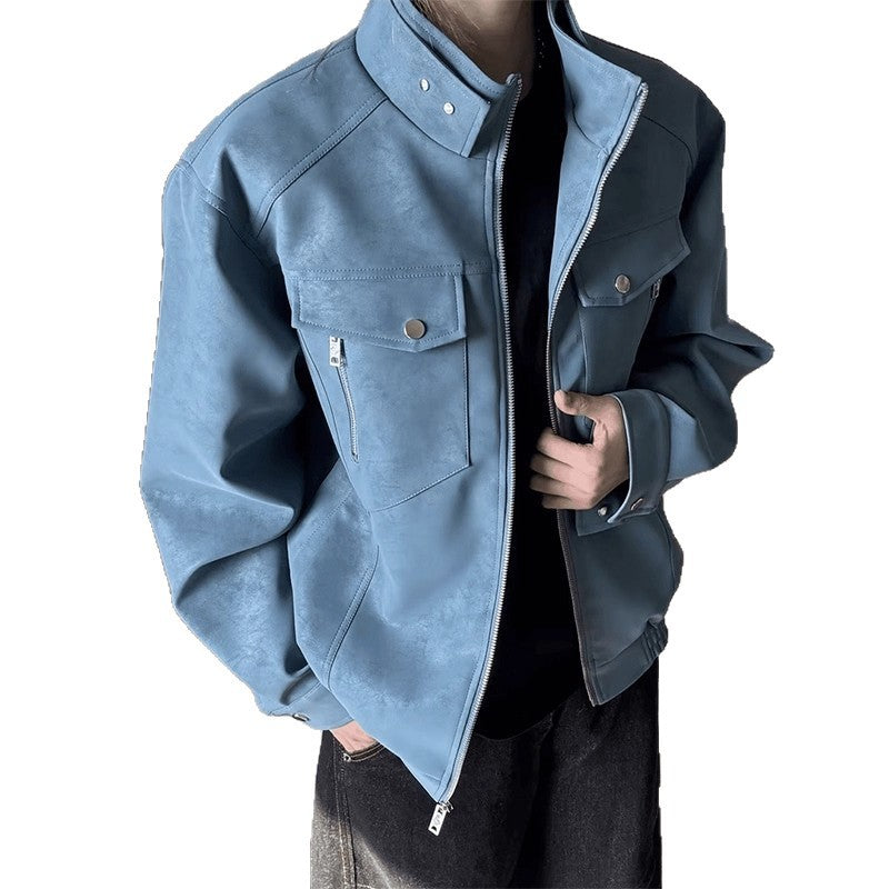 Men's Stand Collar Faux Leather Flight Jacket