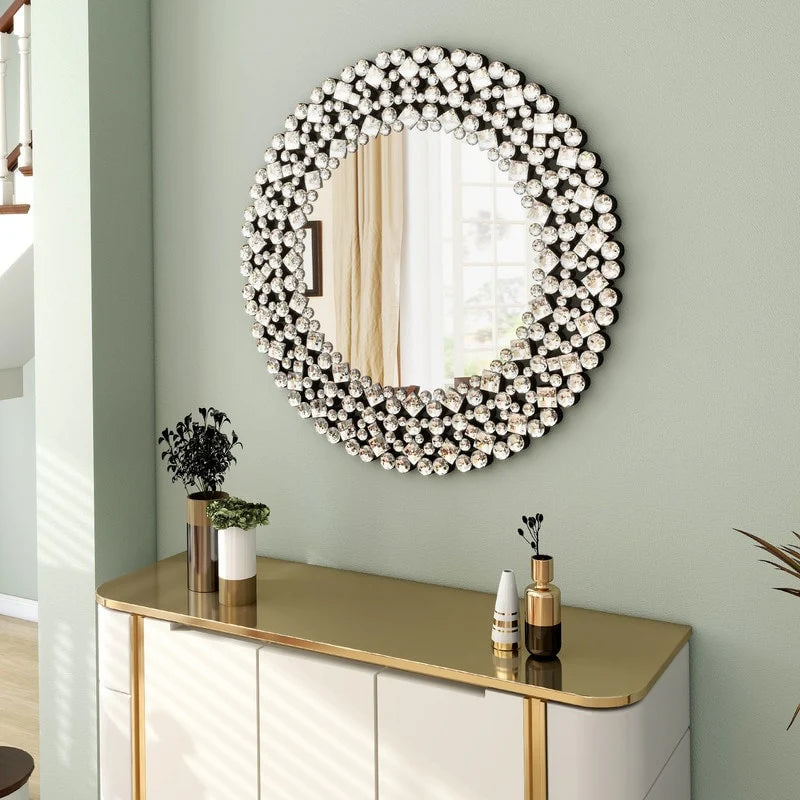 Modern Round Wall Mirror, Crystal Accent Decorative Mirror for Living Room, Bedroom and Entryway