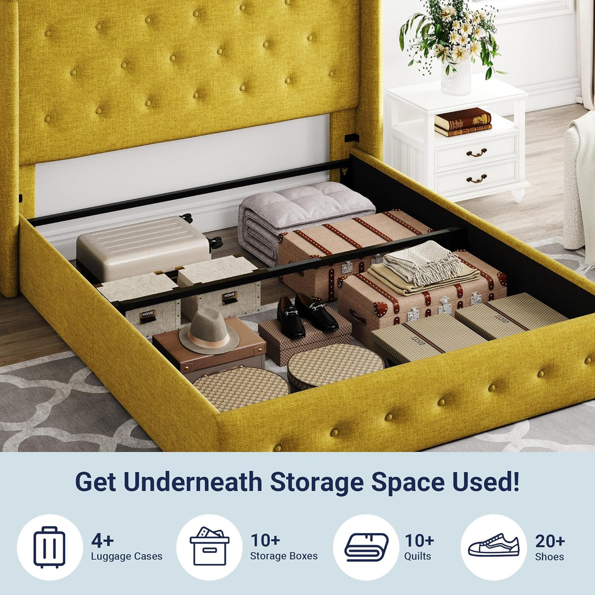 Queen Size Lift Up Storage Bed with Wingback Headboard, Upholstered Platform Bed Frame with Hidden Storage