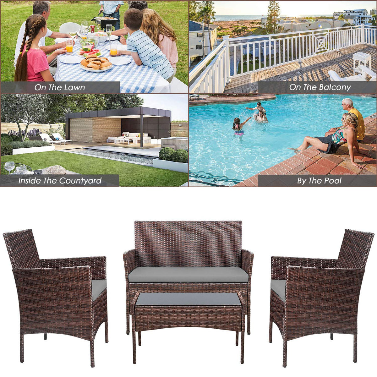 4-Piece Outdoor Patio Furniture Set, Rattan Wicker Chairs and Outdoor Seating Set