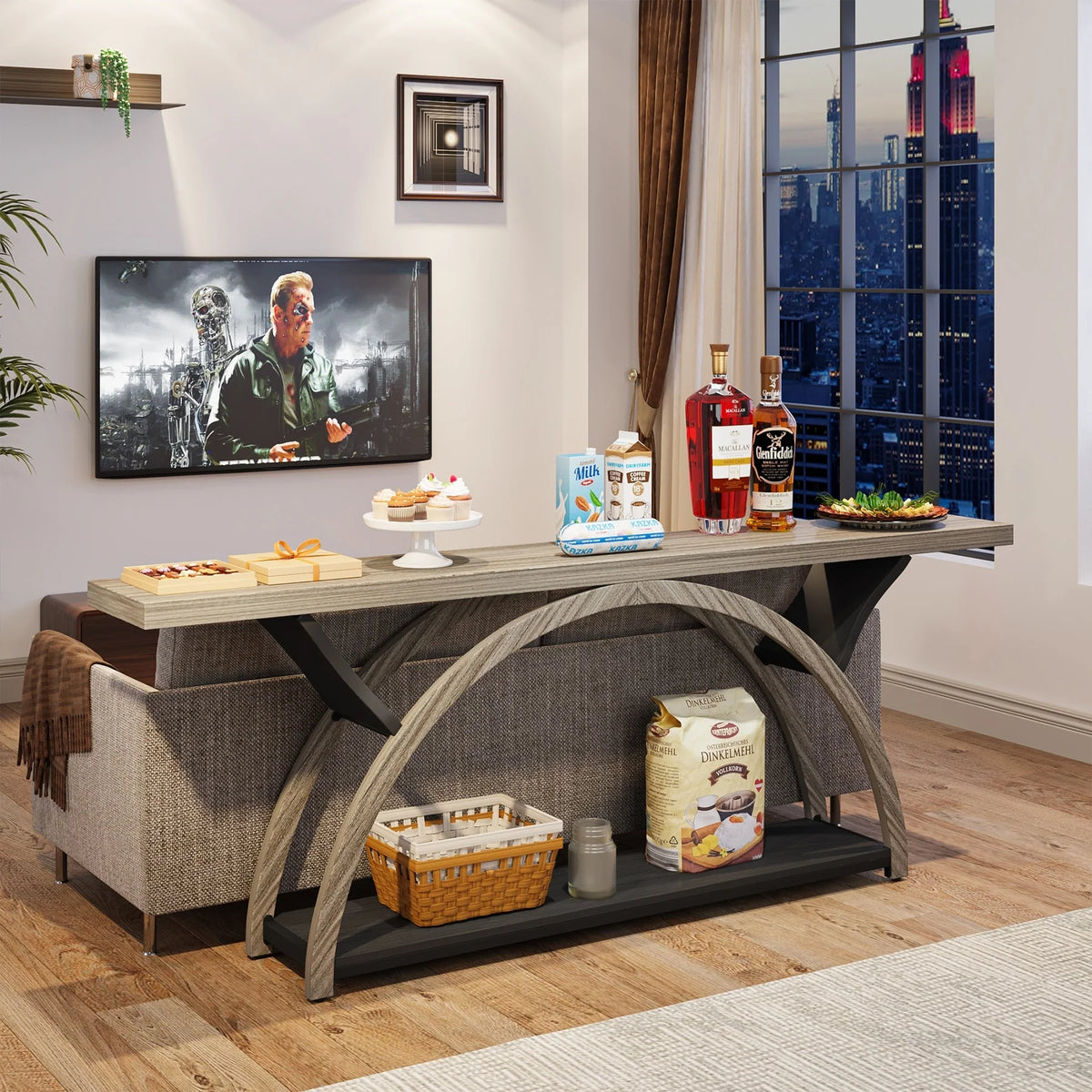 Gray 2-Tier Slim Console Sofa Table, Semi-Circular Metal Frame for Hallway