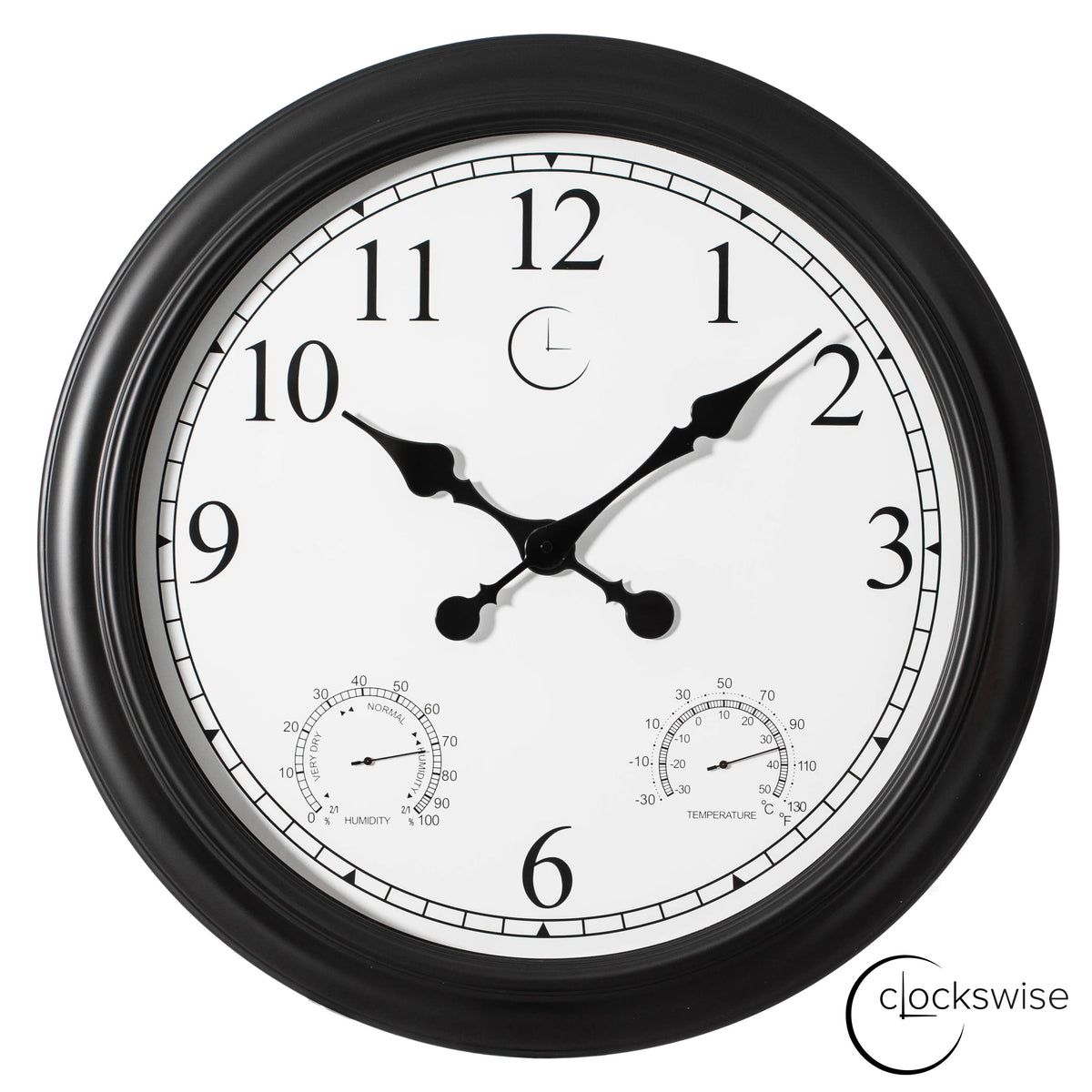 Large Outdoor Wall Clock with Thermometer, Waterproof Silent Garden Weather Station, Black