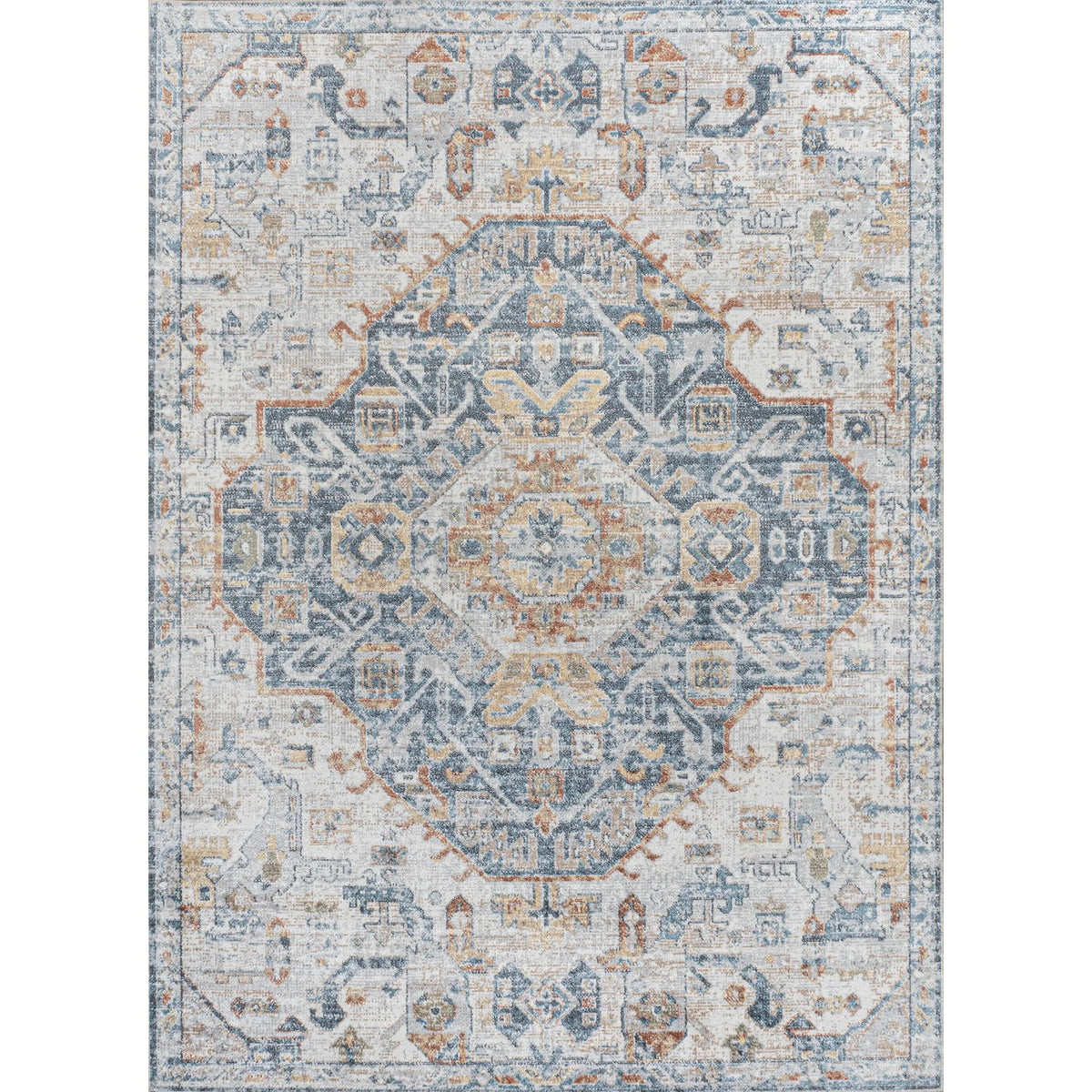 Bohemian Medallion Low-Pile Machine-Washable Area Rug, Cream and Terra
