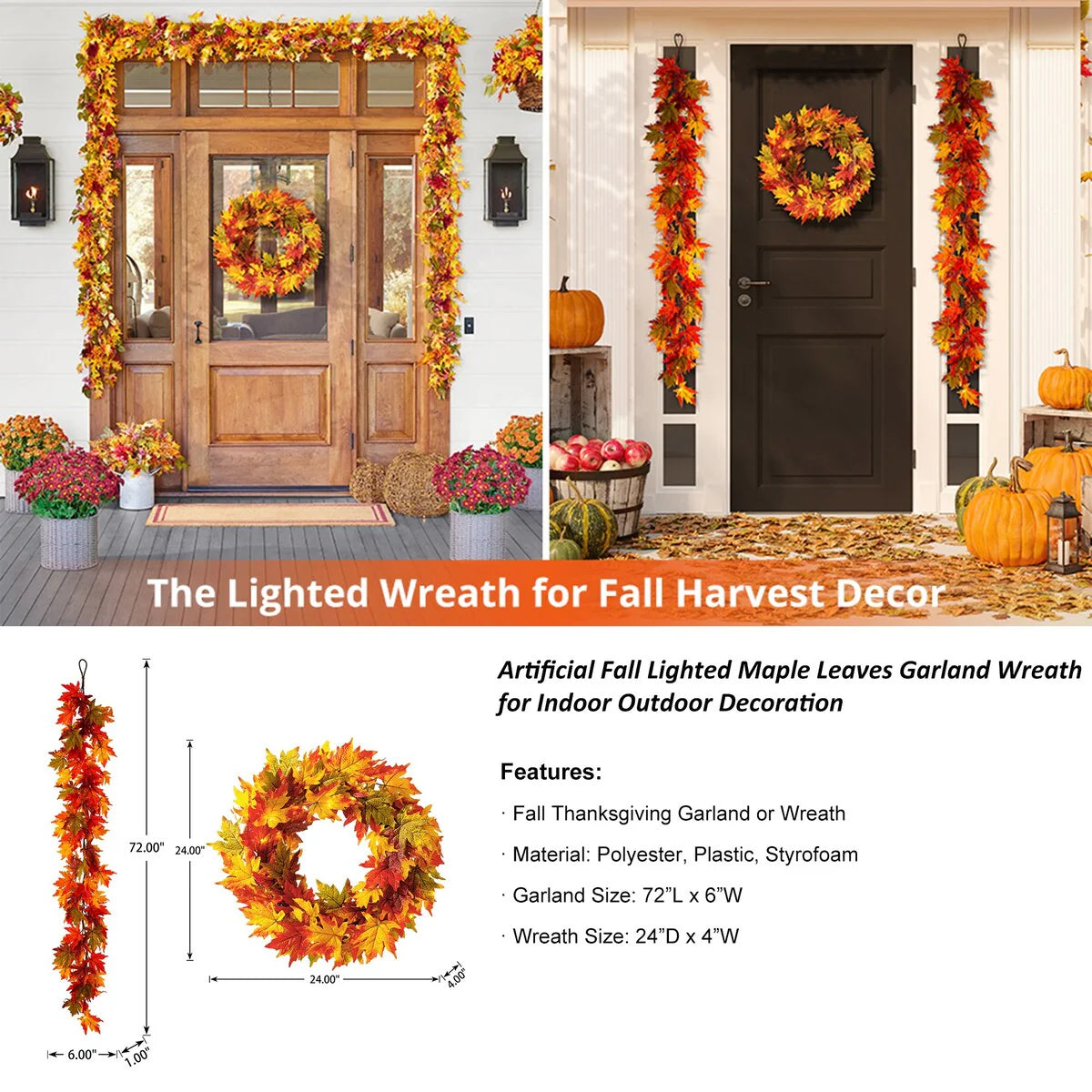 Thanksgiving LED Lighted Fall Maple Leaf Wreath and Garland - Autumn Home Decor