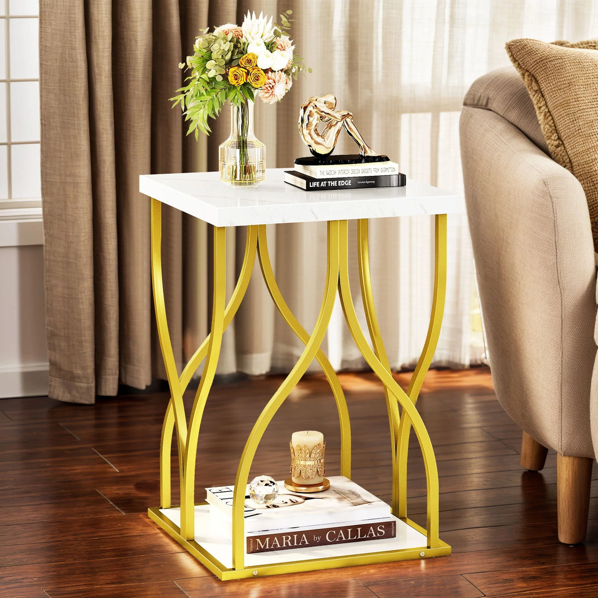 Modern Gold Console Table with Marbled Top, Sofa Table for Entryway and Hallway