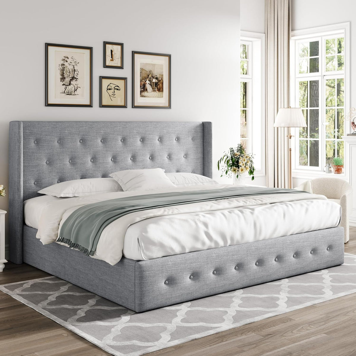Queen Size Lift Up Storage Bed with Wingback Headboard, Upholstered Platform Bed Frame with Hidden Storage