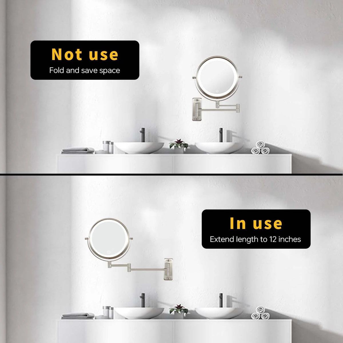 8 Inch Round Wall Mounted Makeup Mirror, Rechargeable, 1X/10X Magnification, 3-Color LED Lights