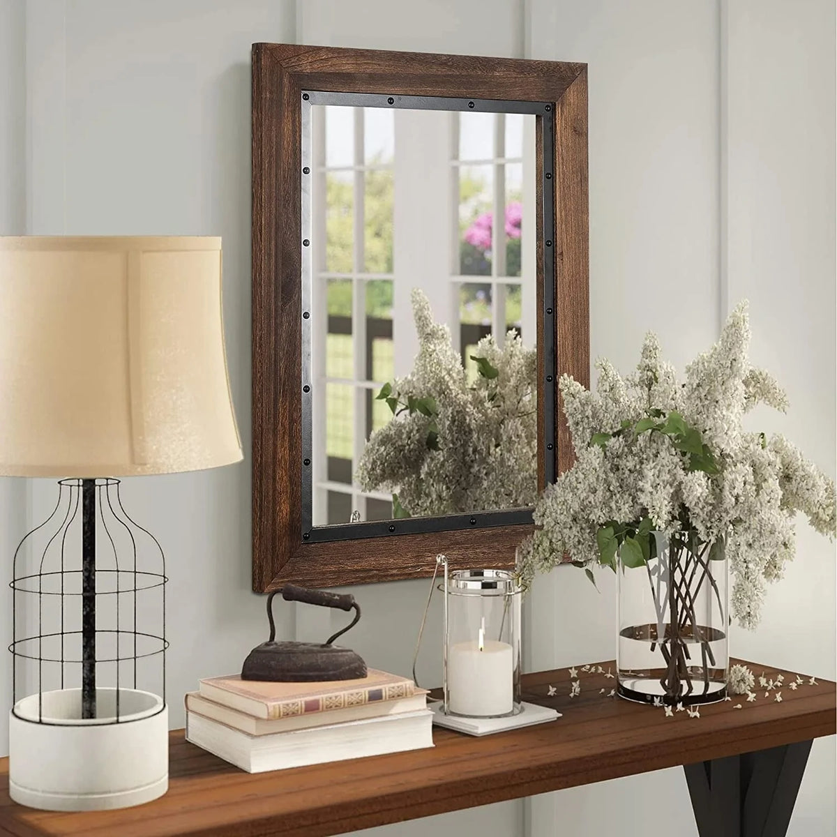 Rustic Wood and Iron Framed Bathroom Vanity Mirror, Wall Mounted Farmhouse Mirror for Bathroom and Bedroom