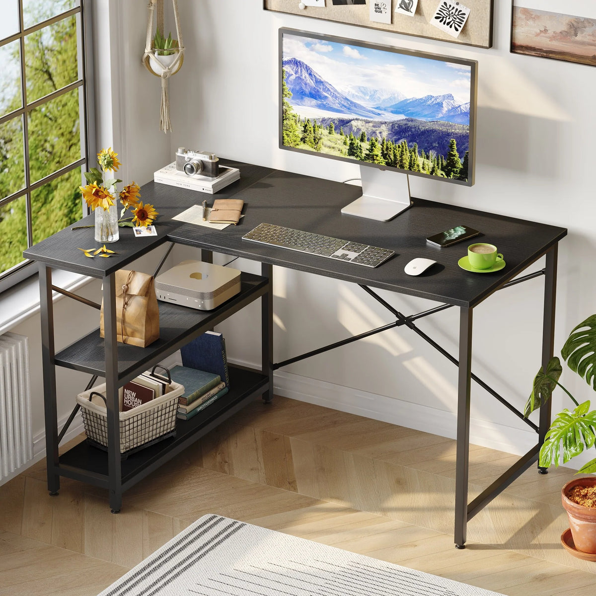 Small L Shaped Computer Desk with Storage Shelves, Compact Corner Workstation for Home Office and Study