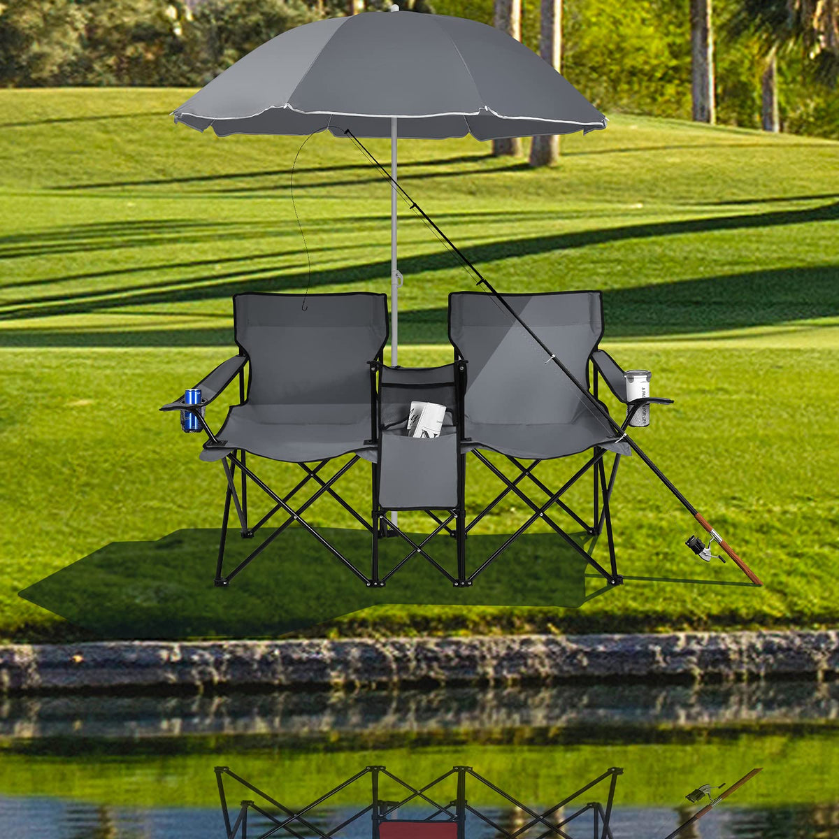 Double Folding Picnic Chairs with Umbrella �� Mini Table & Beverage Holder Included