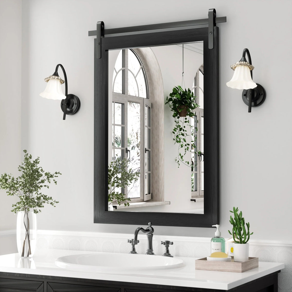 Modern Rectangular Wall Mirror with Wood Frame, Bathroom and Barn Door Mirror, Multiple Sizes