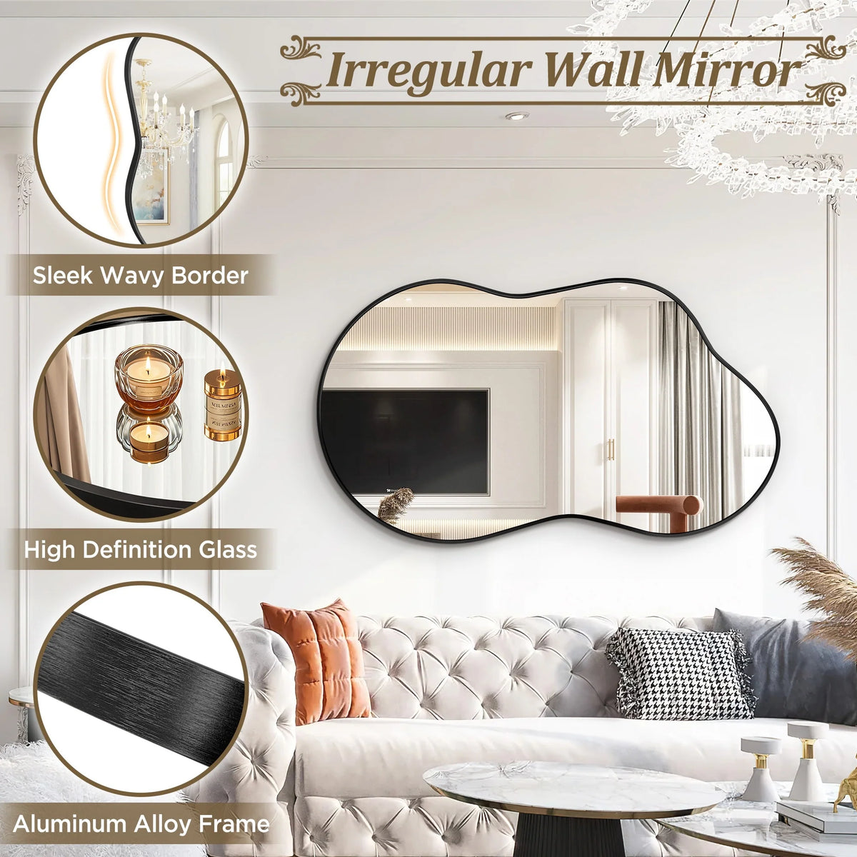 Asymmetrical Irregular Wall Mirror, Modern Decorative Accent Mirror for Living Room, Bedroom and Entryway