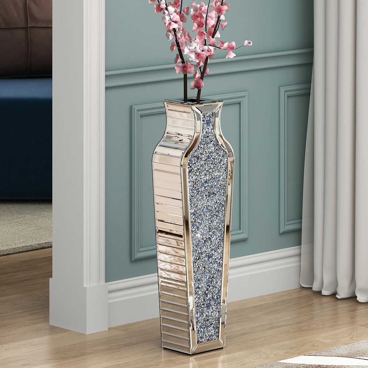 Tall Crushed Diamond Floor Vase, Luxury Decorative Crystal Accent Vase for Living Room, Bedroom and Home Decor