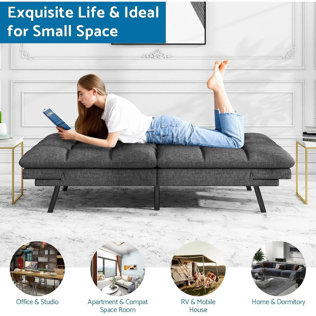 Convertible Futon Sofa Bed with Memory Foam, Foldable Loveseat Sleeper with Adjustable Armrests
