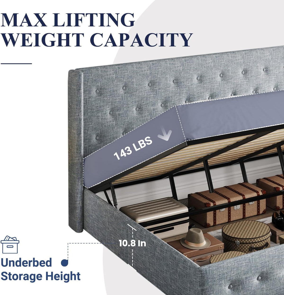 Queen Size Lift Up Storage Bed with Wingback Headboard, Upholstered Platform Bed Frame with Hidden Storage