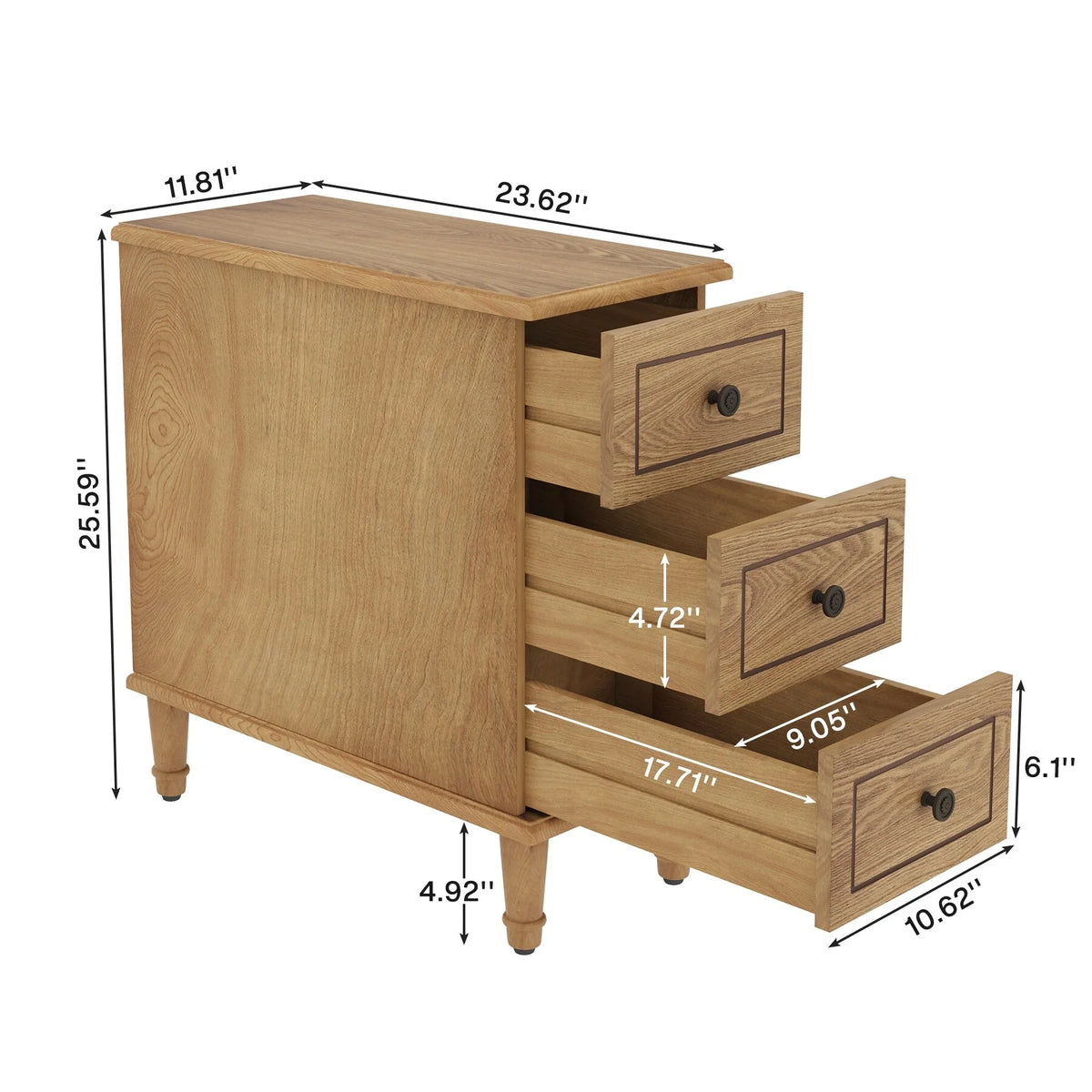 Fully Assembled Narrow End Table, Solid Wood Side Table with 3 Drawers, Vintage Nightstand for Small Spaces