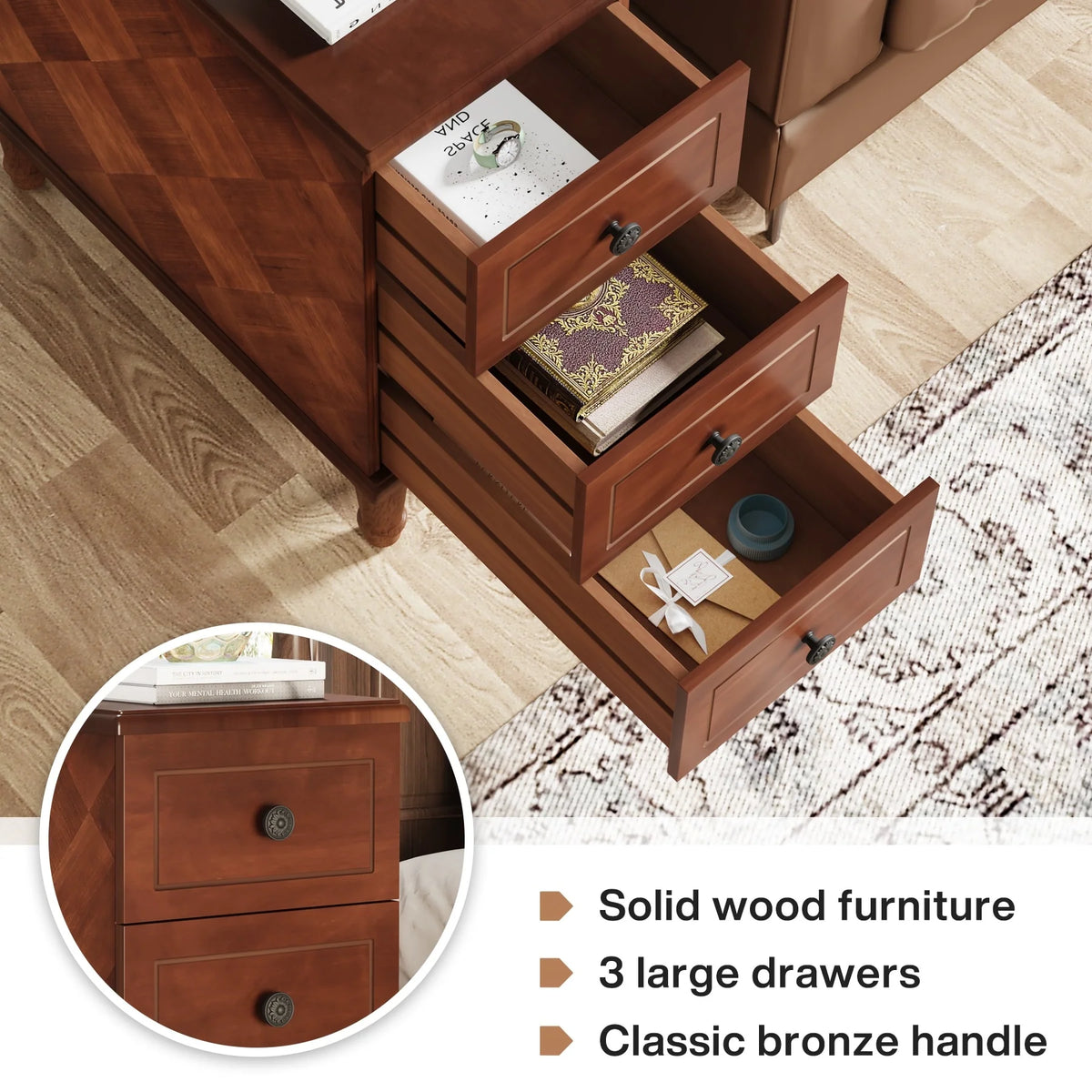 Fully Assembled Narrow End Table, Solid Wood Side Table with 3 Drawers, Vintage Nightstand for Small Spaces
