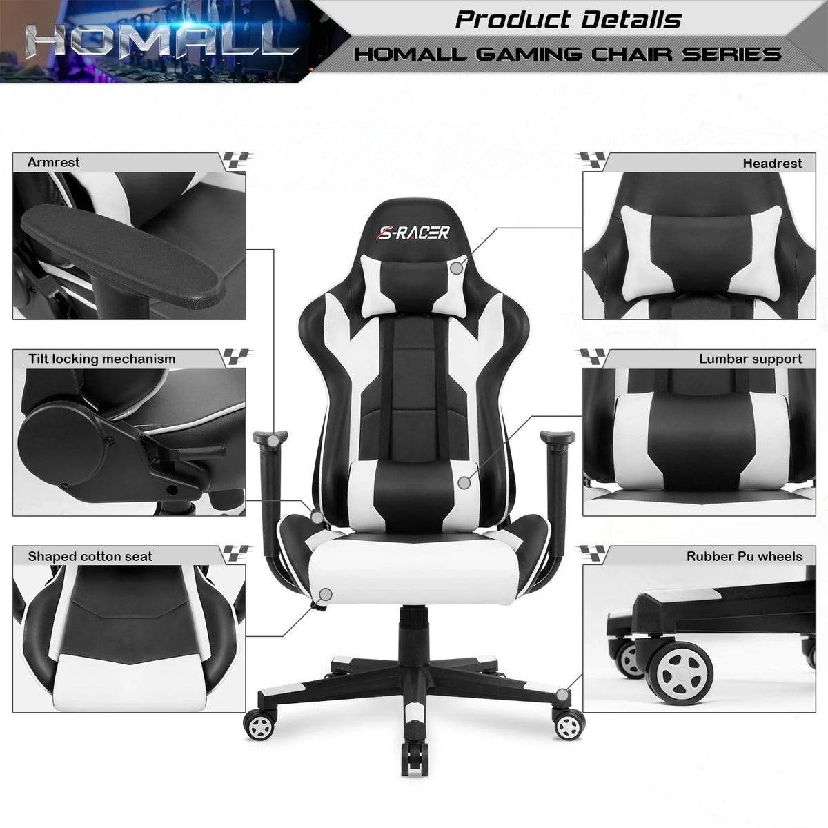 High Back Ergonomic Gaming Chair, Leather Computer Desk Chair for Gaming, Home Office and Work