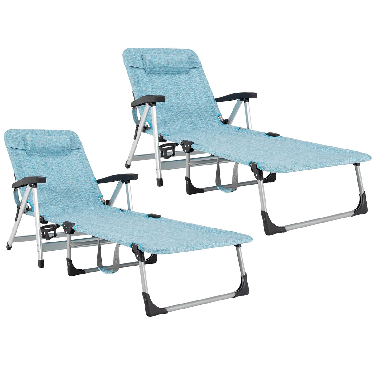 Folding Outdoor Chaise Lounge Chair with Cup Holder and Detachable Headrest