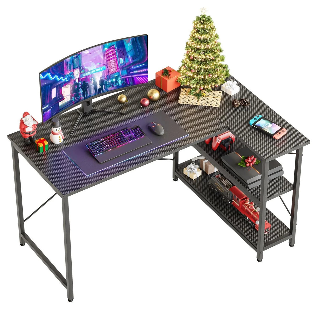 Small L Shaped Computer Desk with Storage Shelves, Compact Corner Workstation for Home Office and Study