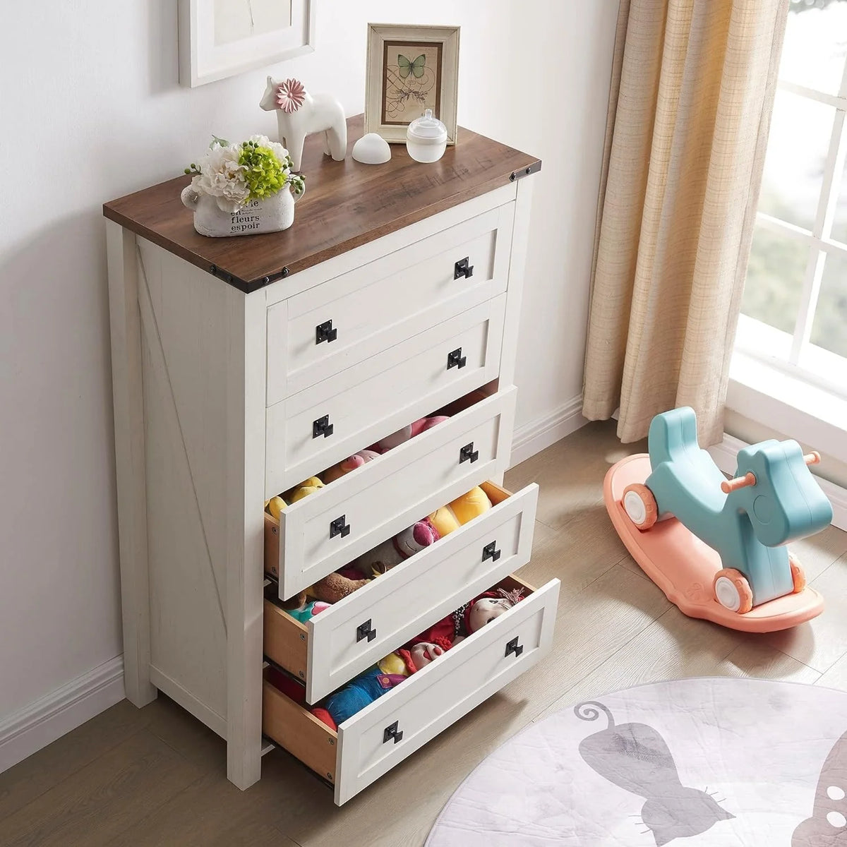 48 Inch Tall Farmhouse Wood Dresser, 5 Drawer Chest of Drawers for Bedroom