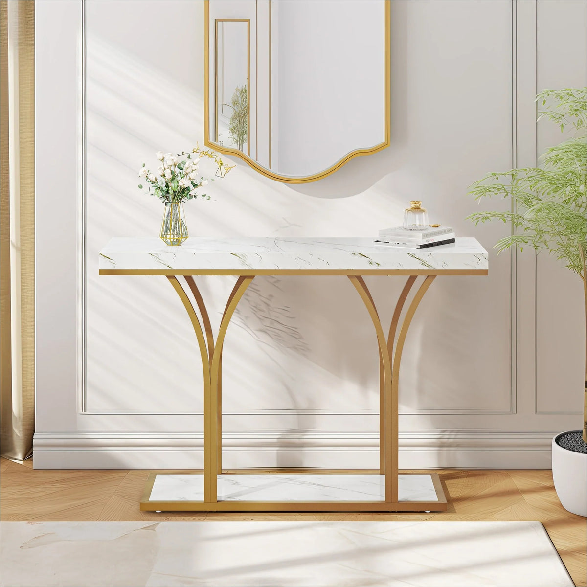 Modern Gold Console Table with Marbled Top, Sofa Table for Entryway and Hallway