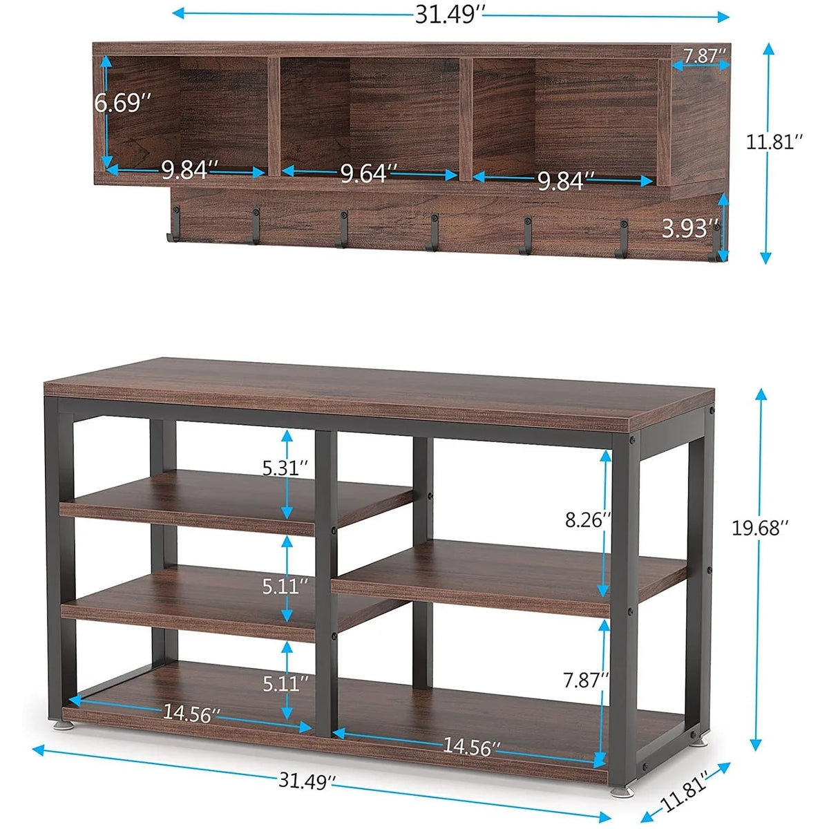 Entryway Coat Rack and Shoe Bench Set, Industrial Hall Tree with Coat and Shoe Storage