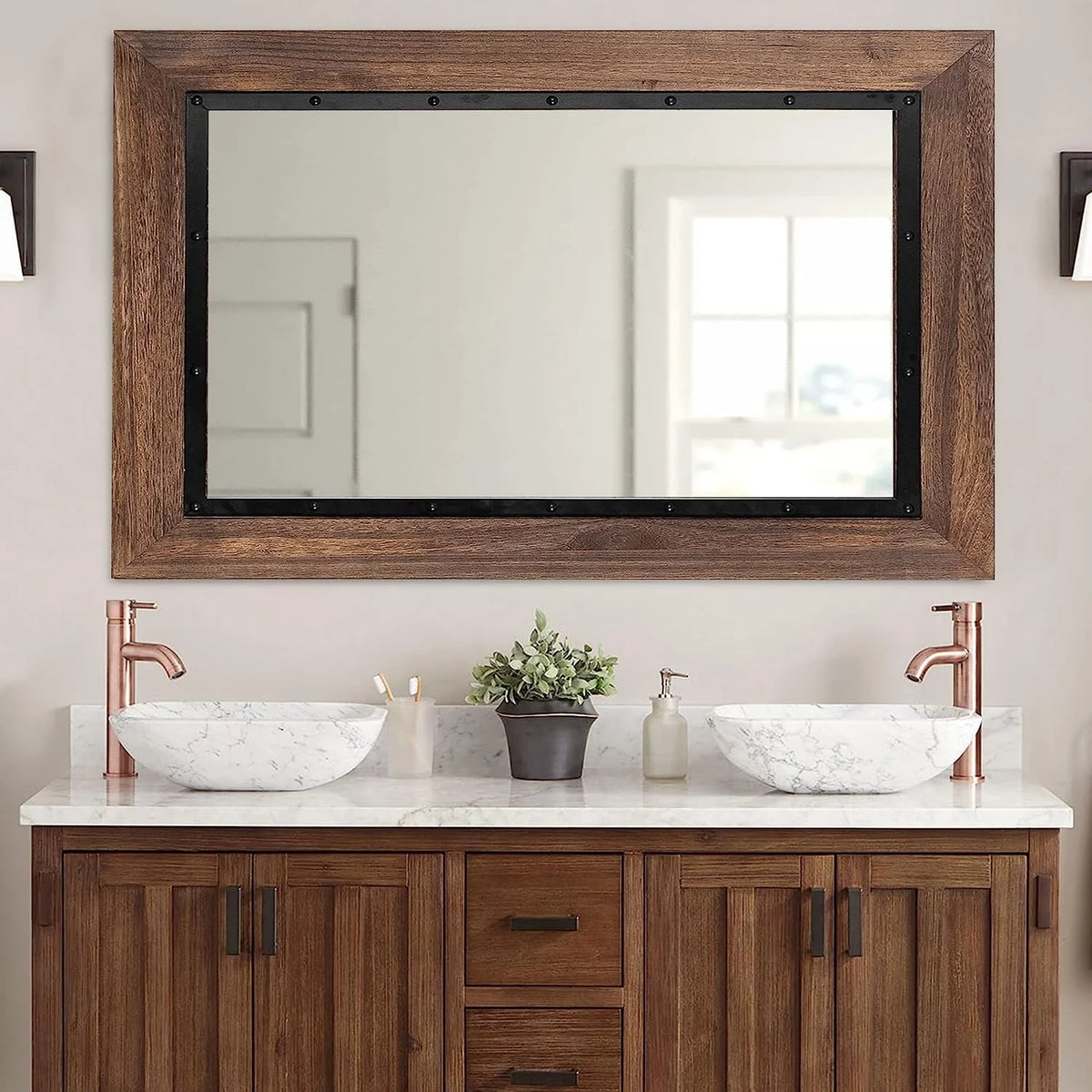 Rustic Wood and Iron Framed Bathroom Vanity Mirror, Wall Mounted Farmhouse Mirror for Bathroom and Bedroom