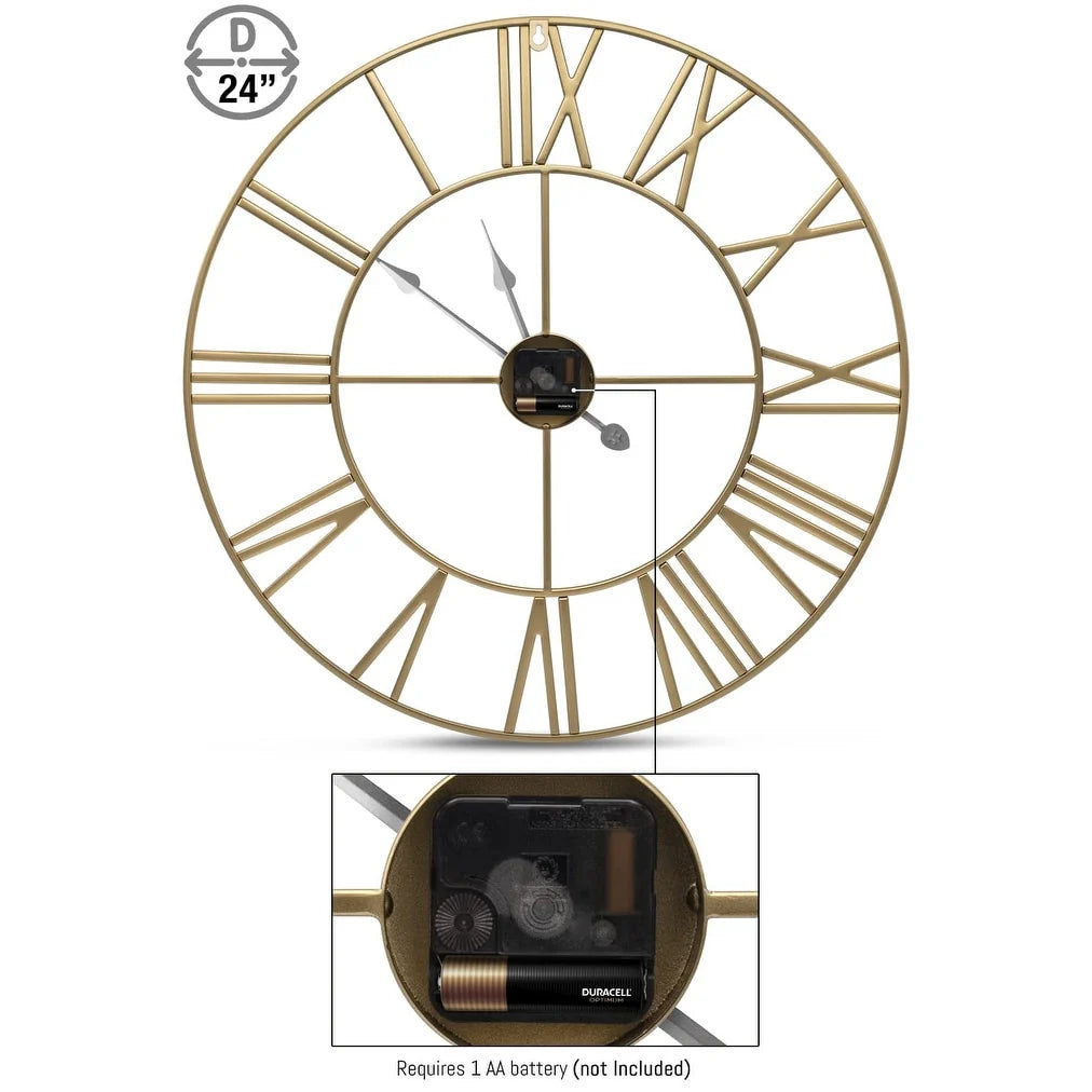 24 Inch Large Round Gold Metal Wall Clock, Decorative Analog Clock for Home