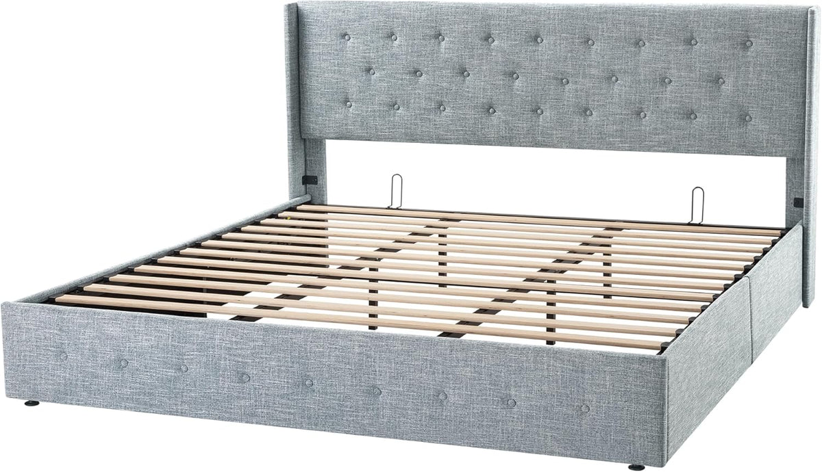 Queen Size Lift Up Storage Bed with Wingback Headboard, Upholstered Platform Bed Frame with Hidden Storage