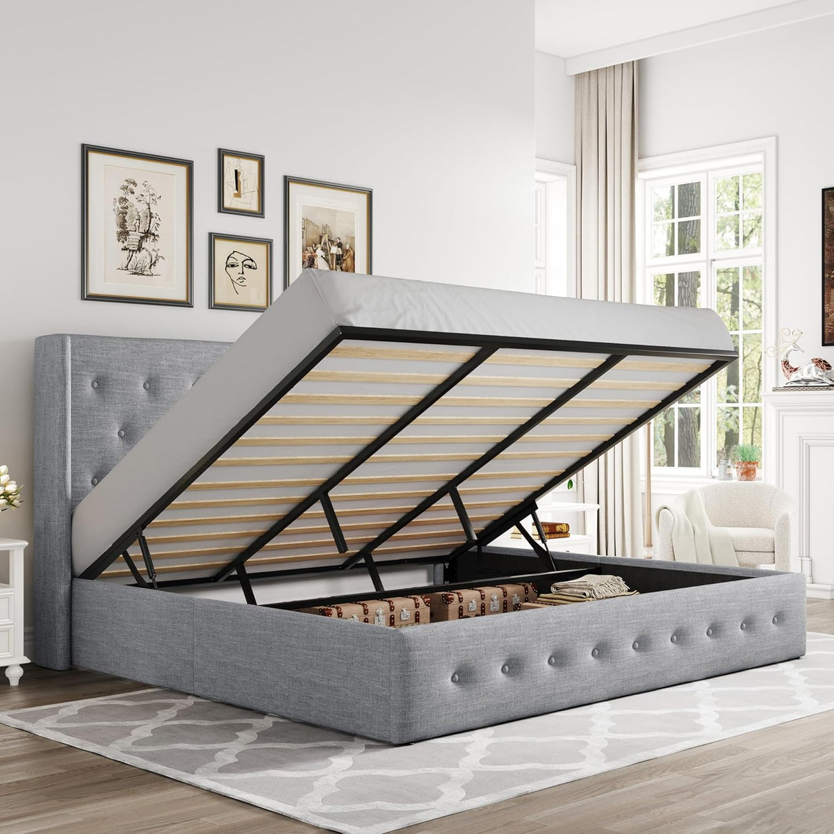 Queen Size Lift Up Storage Bed with Wingback Headboard, Upholstered Platform Bed Frame with Hidden Storage