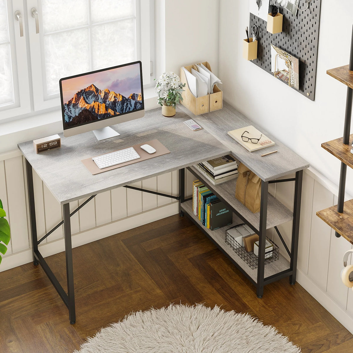 Small L Shaped Computer Desk with Storage Shelves, Compact Corner Workstation for Home Office and Study