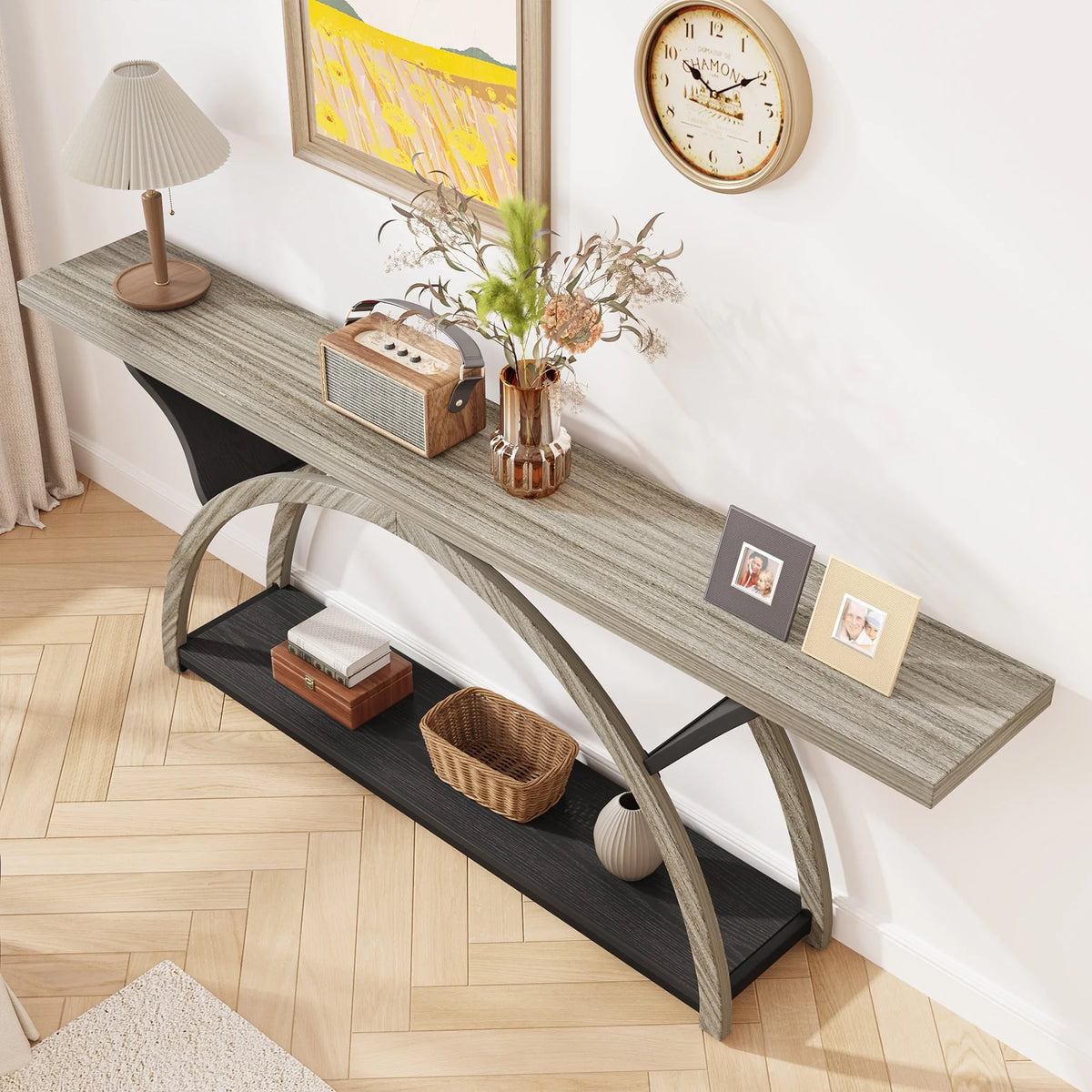 Gray 2-Tier Slim Console Sofa Table, Semi-Circular Metal Frame for Hallway