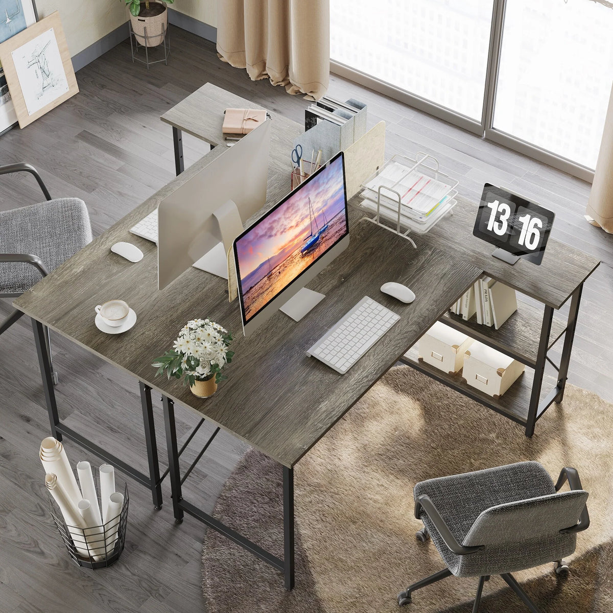 Small L Shaped Computer Desk with Storage Shelves, Compact Corner Workstation for Home Office and Study