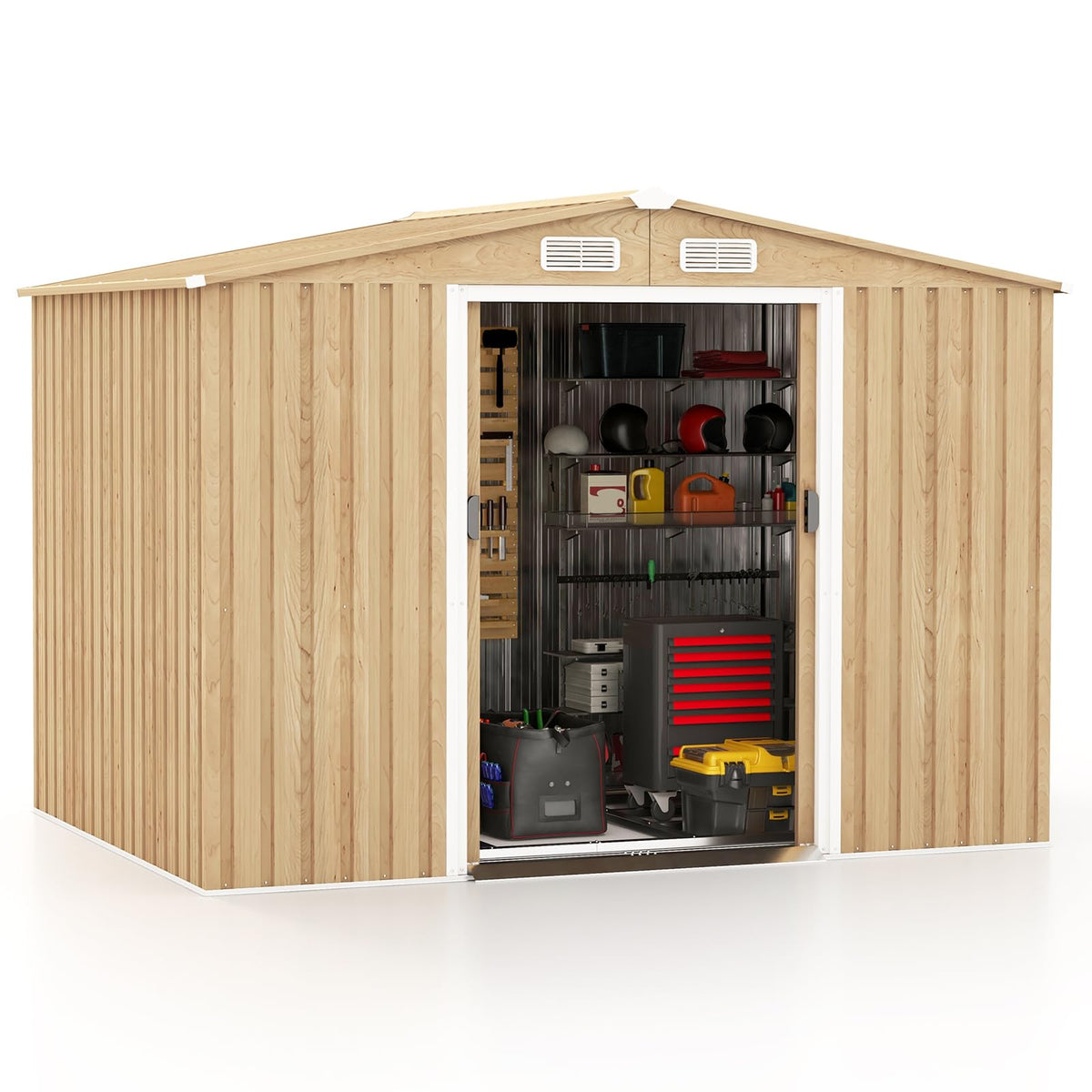 8' x 6' Metal Storage Shed �� Woodgrain Outdoor Tool House with Base Floor & 4 Vents