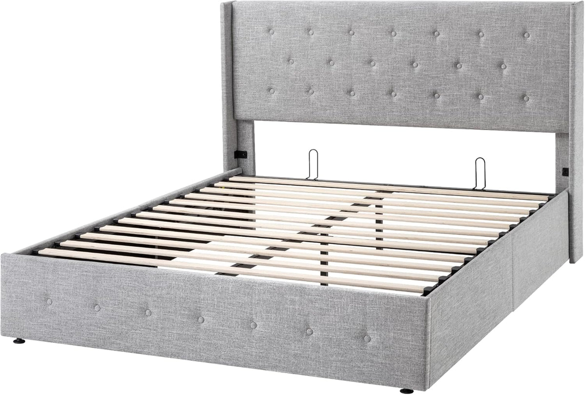 Queen Size Lift Up Storage Bed with Wingback Headboard, Upholstered Platform Bed Frame with Hidden Storage