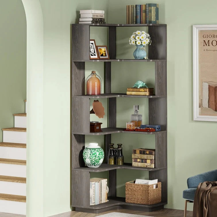 64.9 Inch Tall 6-Tier Corner Bookshelf, Freestanding Wood Industrial Bookcase