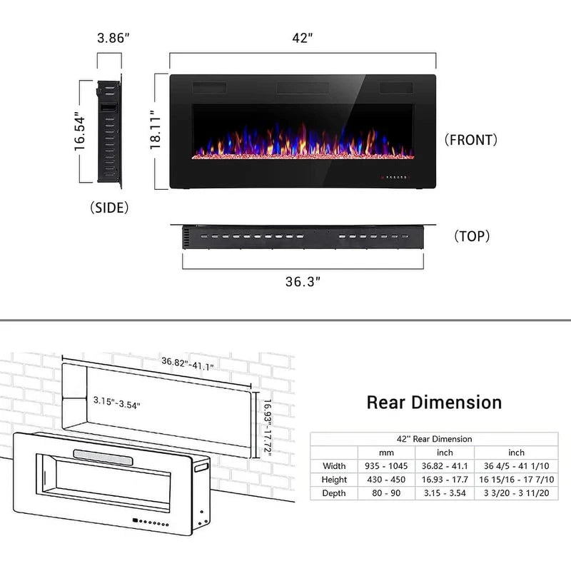 Recessed Electric Fireplace Heater, Wall Mounted 750-1500W Fireplace with Remote Control
