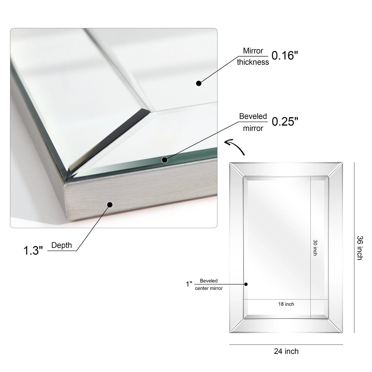 Beveled Rectangular Clear HD Wall Mirror, Bathroom Vanity and Bedroom Mirror, 3 Sizes