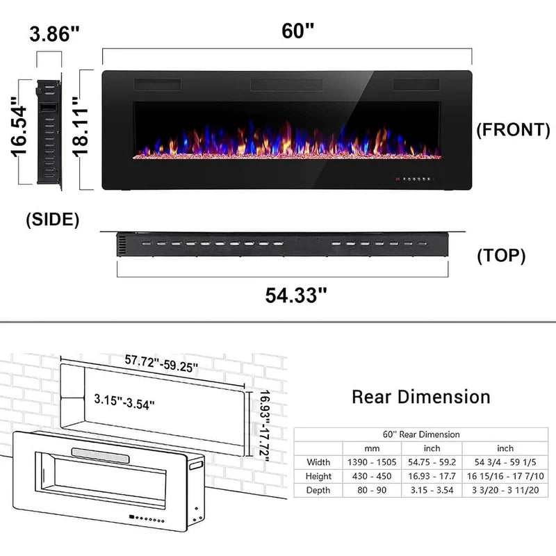 Recessed Electric Fireplace Heater, Wall Mounted 750-1500W Fireplace with Remote Control