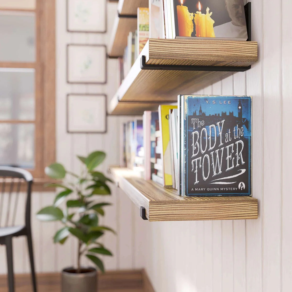 72 Inch Floating Wood Wall Shelves, Set of 2 Burnt Wood Display and Storage Shelves for Home Decor
