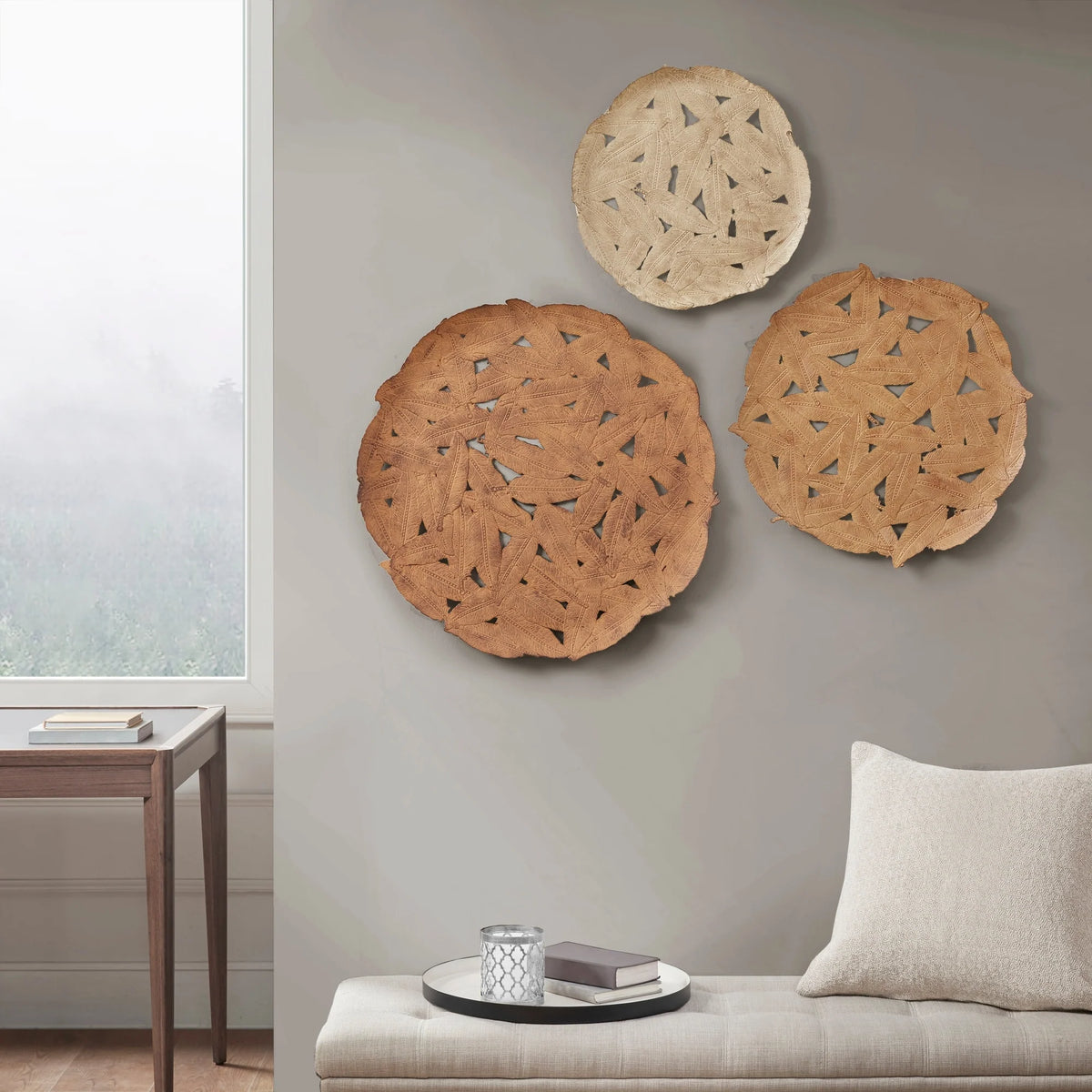 Textured Feather 3-Piece Metal Disc Wall Decor Set, Decorative Wall Art for Home