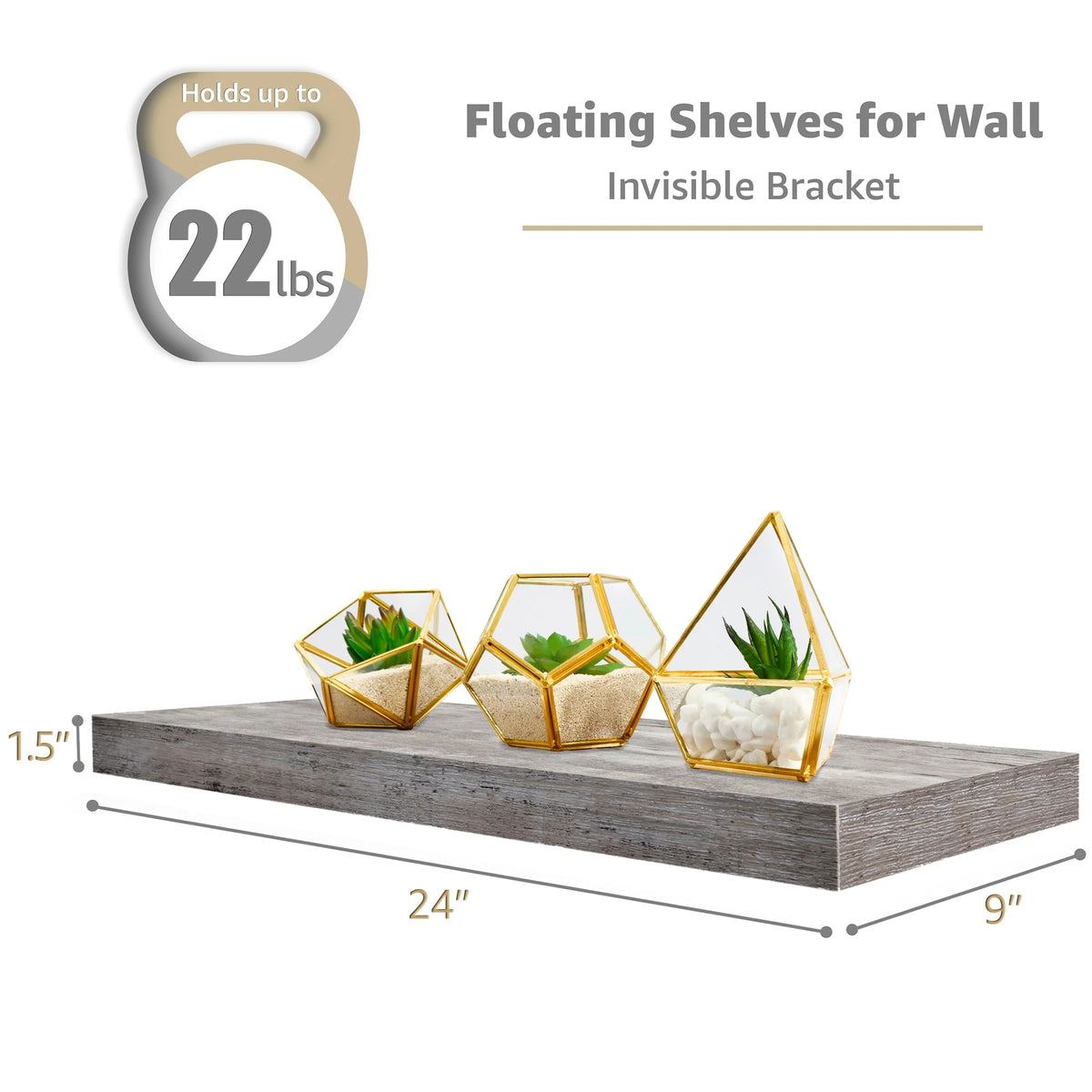 Set of 3 Floating Wood Wall Shelves, Wall Mounted Display and Storage Shelves with Invisible Brackets for Books and Home Decor