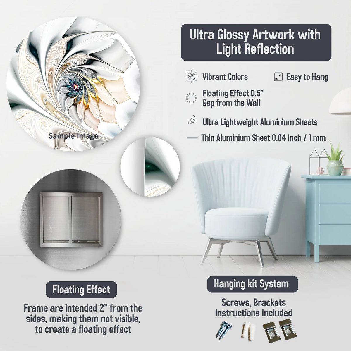 White Botanical Collage Metal Wall Art, Abstract Botanical Decor for Living Room