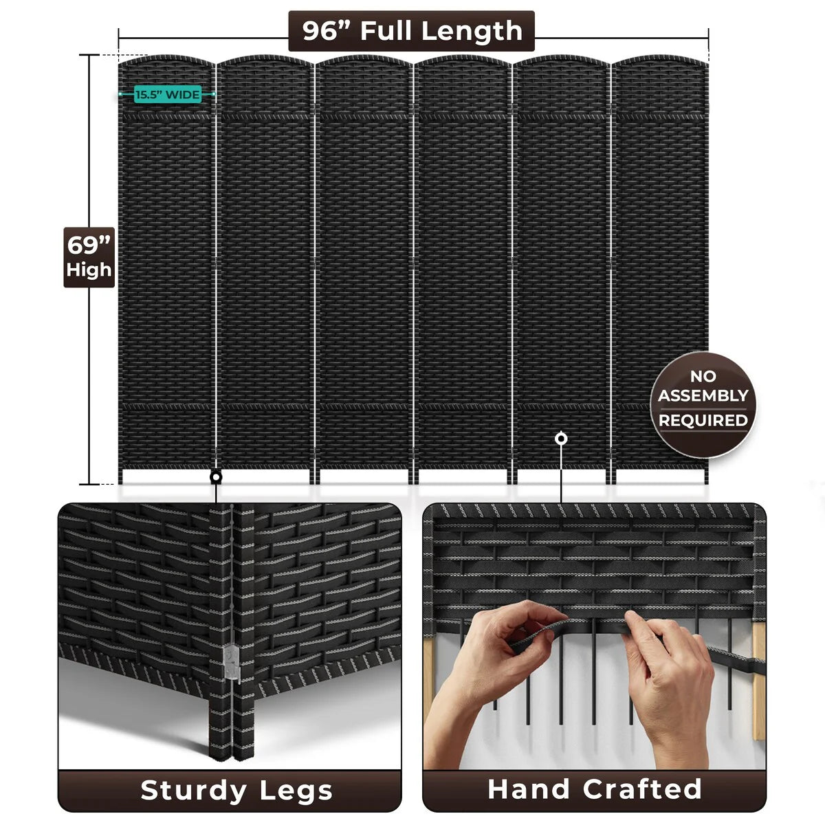 6 Panel Room Divider, 6ft Tall Extra Wide Folding Privacy Screen with Hand-Woven Mesh Panels