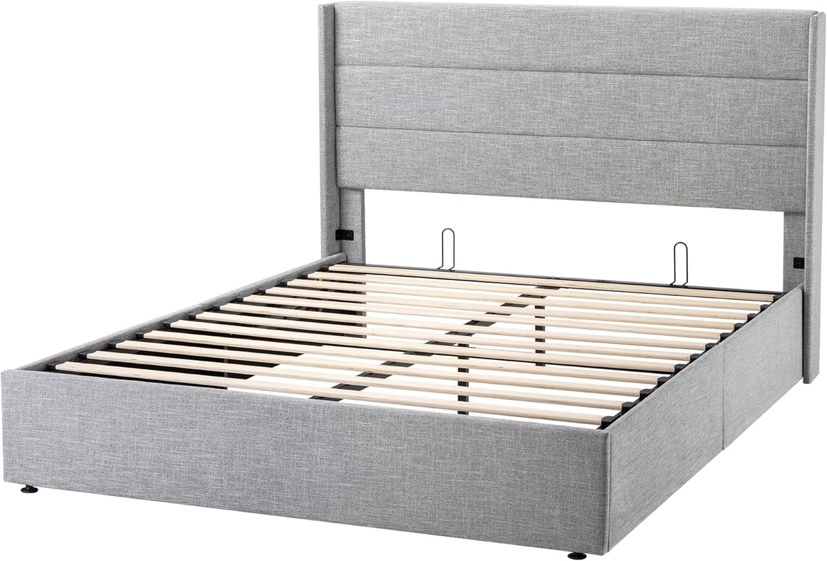 Queen Size Lift Up Storage Bed with Wingback Headboard, Upholstered Platform Bed Frame with Hidden Storage
