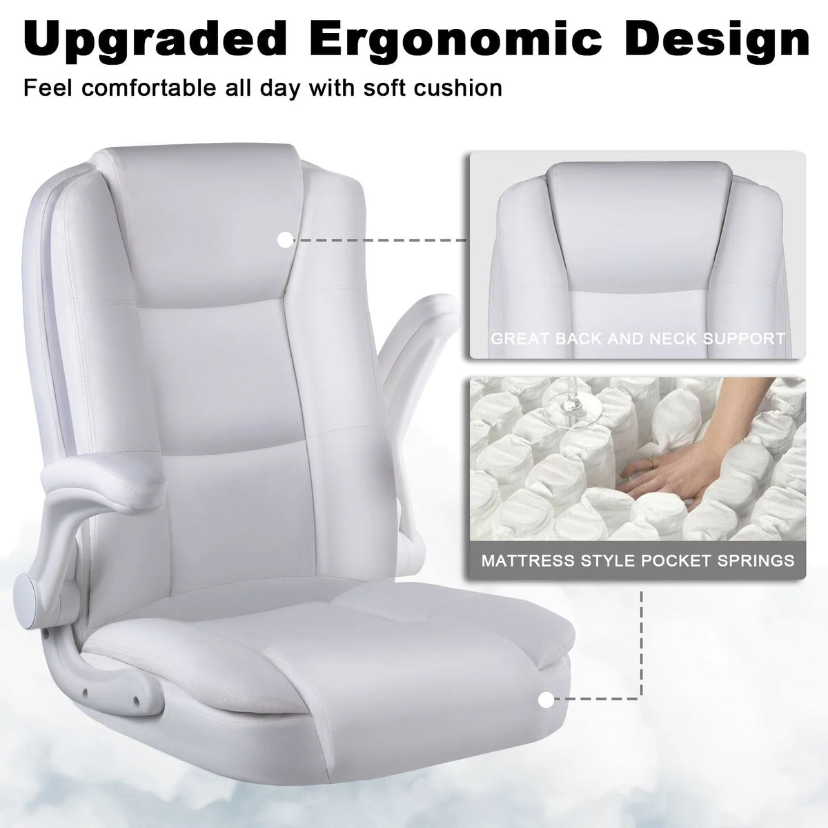 Big and Tall Ergonomic Office Chair, High Back Leather Executive Computer Chair with Padded Flip-Up Arms