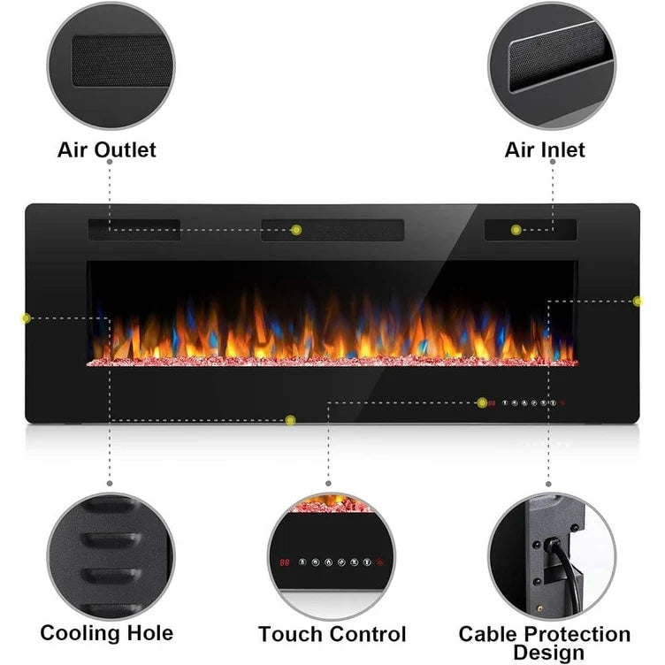 Recessed Electric Fireplace Heater, Wall Mounted 750-1500W Fireplace with Remote Control